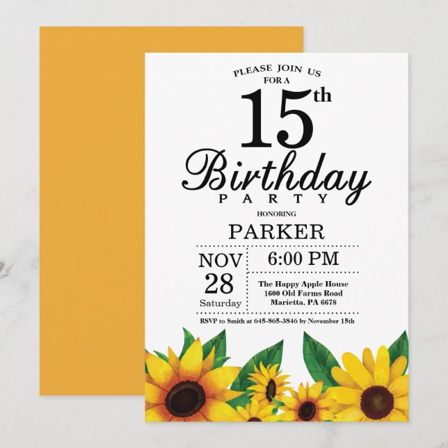 Sunflower 15th Birthday Invitation (Front/Back)