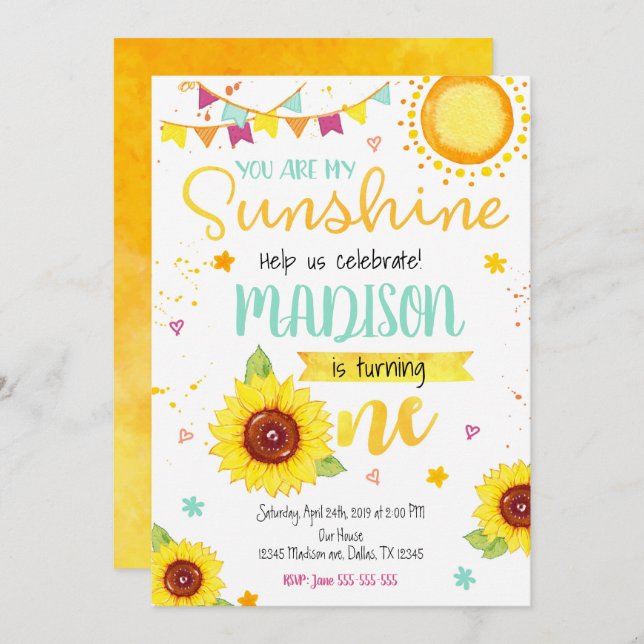 Sunflower 1st Birthday Invitation for a Girl (Front/Back)