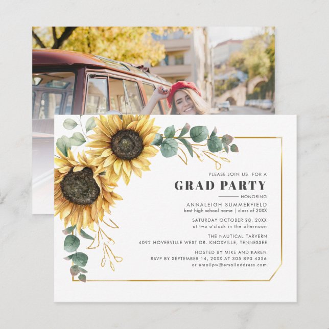 Sunflower 2024 Graduation Party Floral Photo Grad Invitation (Front/Back)
