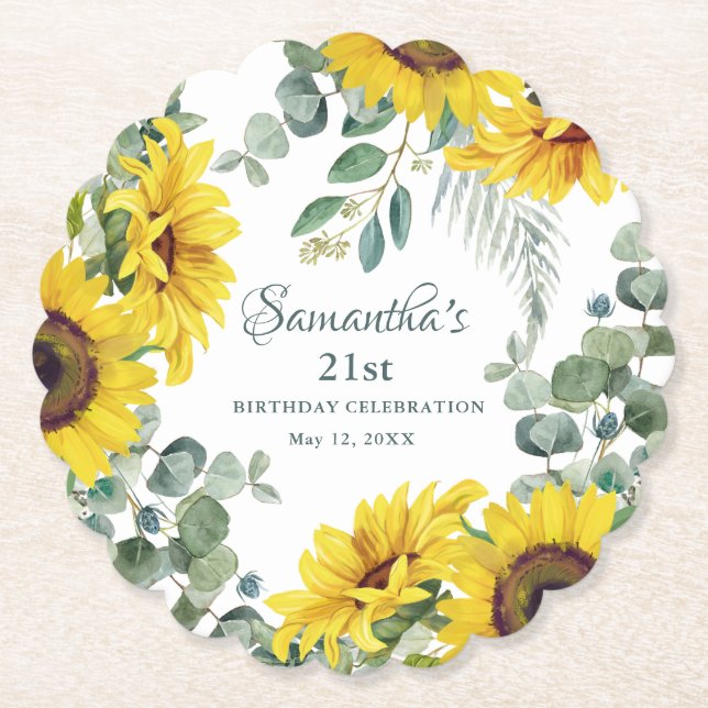 Sunflower 21st Birthday Party Paper Coaster (Front)