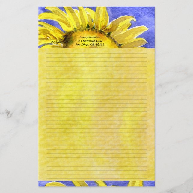 Sunflower 2 Watercolor Personalised Stationary Stationery (Front)