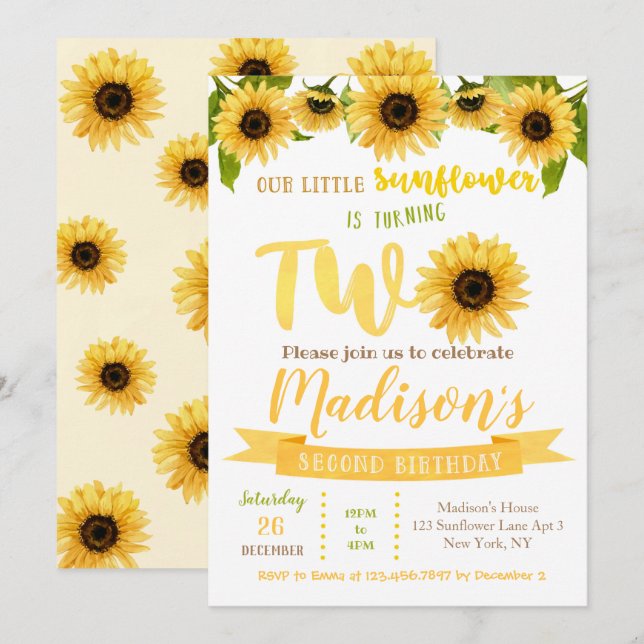 Sunflower 2nd Birthday Party Invitations (Front/Back)
