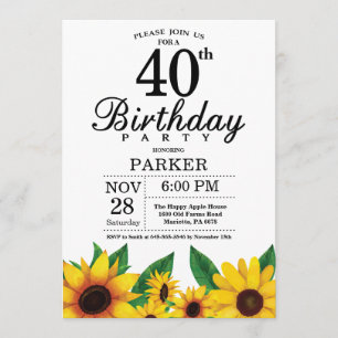 Sunflower 40th Birthday Invitation