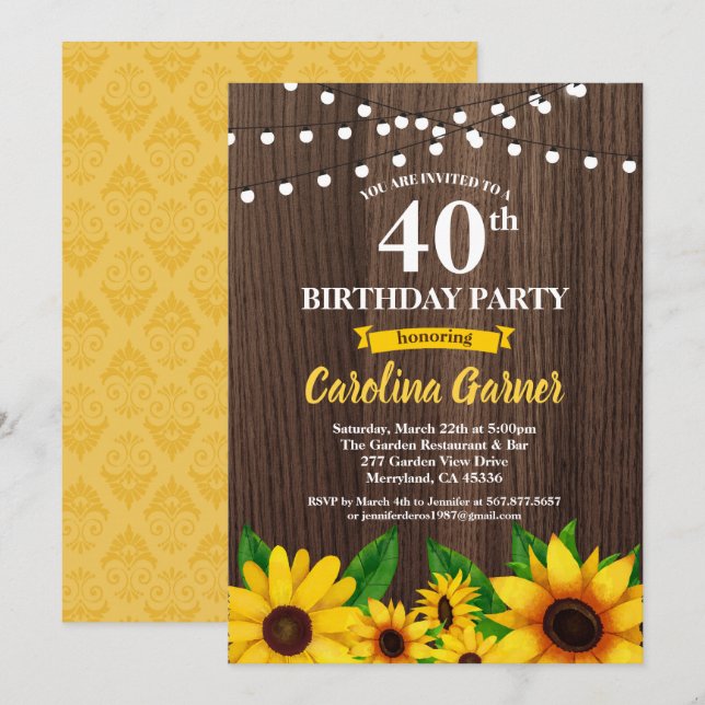 Sunflower 40th birthday invitation. Any age Invitation (Front/Back)