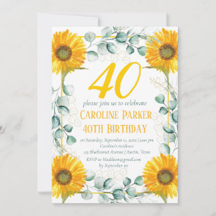 Sunflower 40th Birthday Yellow Floral Eucalyptus Invitation