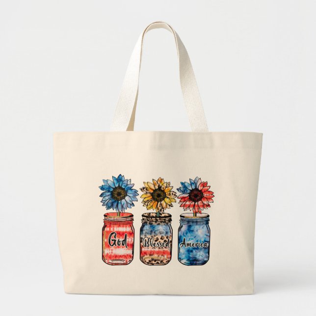 Sunflower 4th of July | God Blessed America Large Tote Bag (Front)