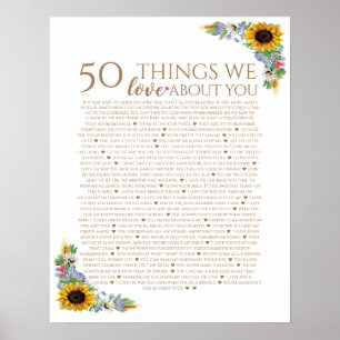 sunflower 50 things we love you 50th mom birthday poster