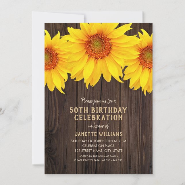 Sunflower 50th Birthday Party Rustic Wood Invitation (Front)
