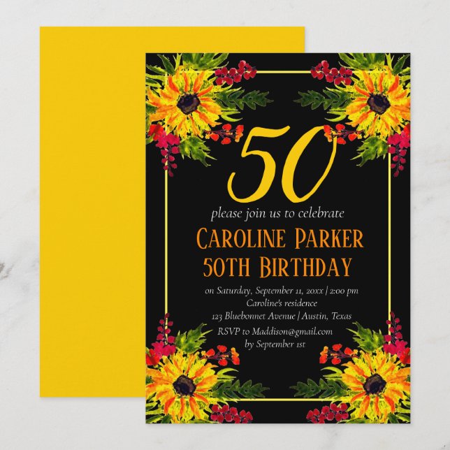 Sunflower 50th Birthday Yellow Floral Adult Invitation (Front/Back)