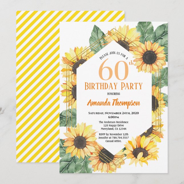 Sunflower 60th Birthday Party Celebration Women Invitation (Front/Back)
