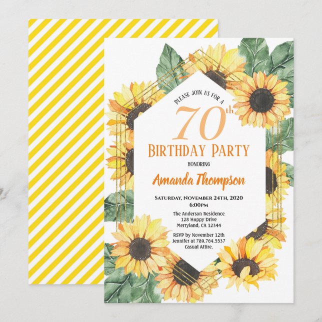 Sunflower 70th Birthday Party Celebration Women Invitation (Front/Back)