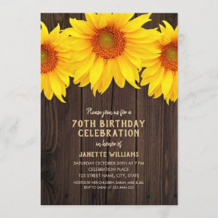 Sunflower 70th Birthday Party Rustic Wood Invitation
