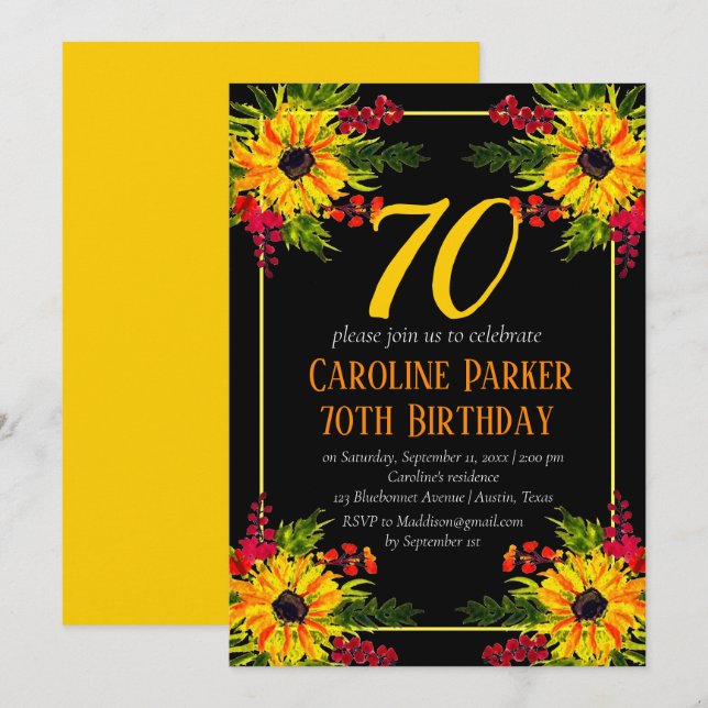 Sunflower 70th Birthday Yellow Floral Adult Invitation (Front/Back)