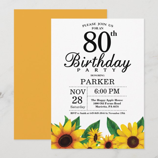 Sunflower 80th Birthday Invitation (Front/Back)