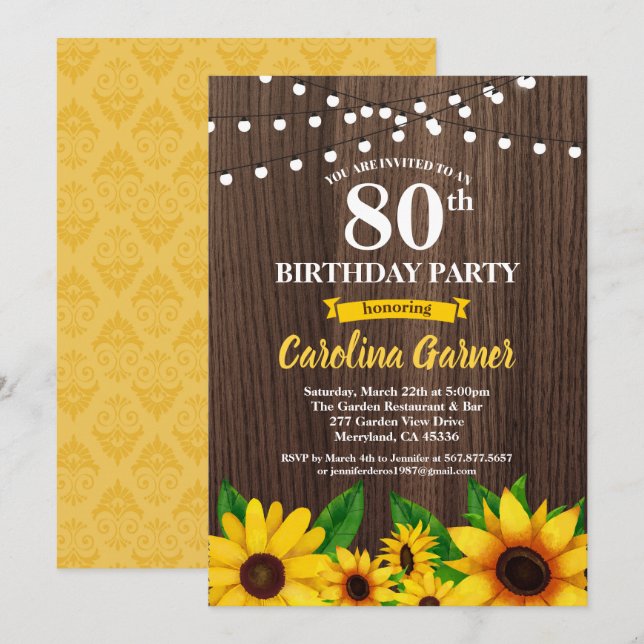 Sunflower 80th birthday invitation. Any age Invitation (Front/Back)
