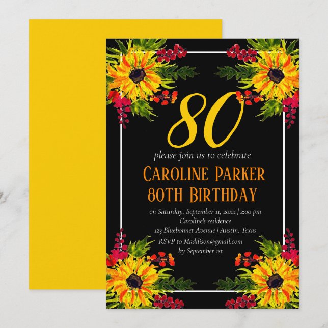 Sunflower 80th Birthday Yellow Floral Adult Invitation (Front/Back)