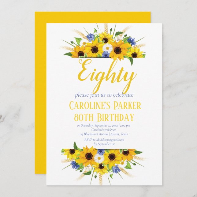Sunflower 80th Birthday Yellow Floral Adult Invitation (Front/Back)
