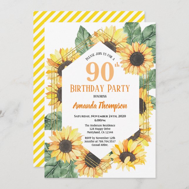 Sunflower 90th Birthday Party Celebration Women Invitation (Front/Back)