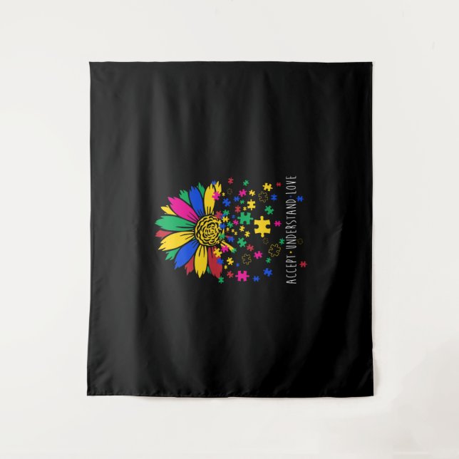 Sunflower Accept Understand Love World Autism Awar Tapestry (Front)