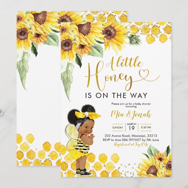 Sunflower Afro Little Honey Bee Baby Shower Invitation (Front/Back)