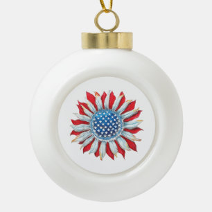 Sunflower American Flag 4th of July Women Men Meri Ceramic Ball Christmas Ornament