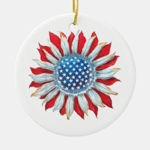 Sunflower American Flag 4th of July Women Men Meri Ceramic Tree Decoration