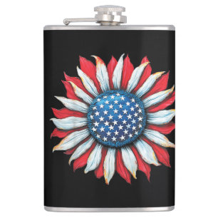 Sunflower American Flag 4th of July Women Men Meri Hip Flask
