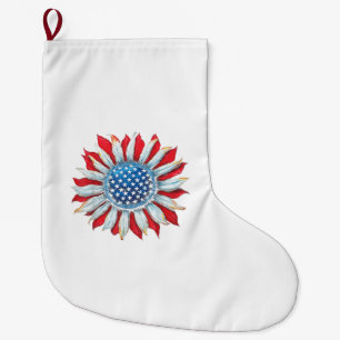 Sunflower American Flag 4th of July Women Men Meri Large Christmas Stocking