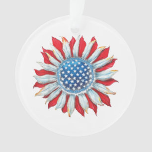 Sunflower American Flag 4th of July Women Men Meri Ornament