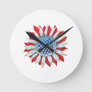 Sunflower American Flag 4th of July Women Men Meri Round Clock