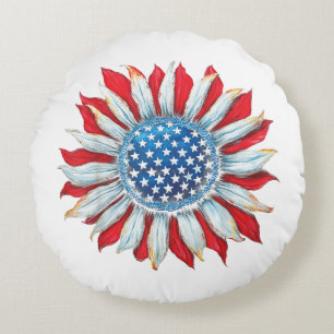 Sunflower American Flag 4th of July Women Men Meri Round Cushion