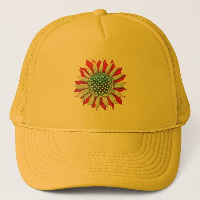 Sunflower American Flag 4th of July Women Men Meri Trucker Hat (Front)