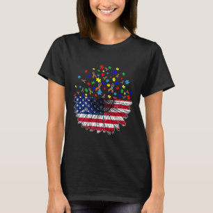 Sunflower American Flag And Autism Pluzle T-Shirt
