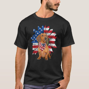 Sunflower American Flag Red Dachshund 4th Of July T-Shirt
