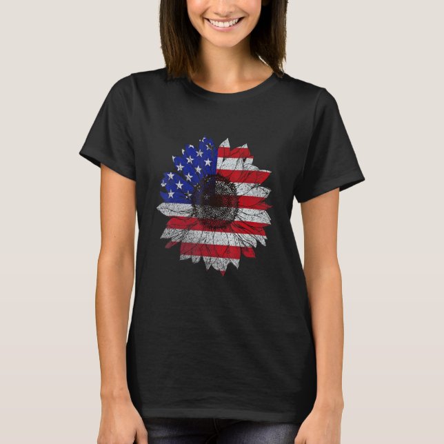 Sunflower American For Women Flower Graphic Flag V T-Shirt (Front)
