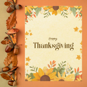 Sunflower and Autumn Leaves Thanksgiving Holiday Postcard