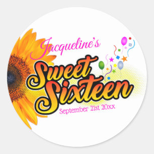 Sunflower and Balloons on White Sweet Sixteen Classic Round Sticker