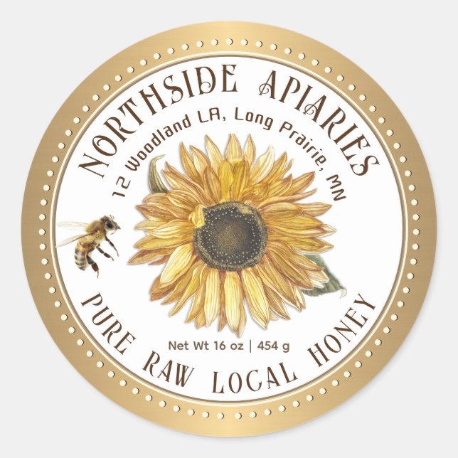 Sunflower and Bee Honey Label Gold Dotted Border   (Front)