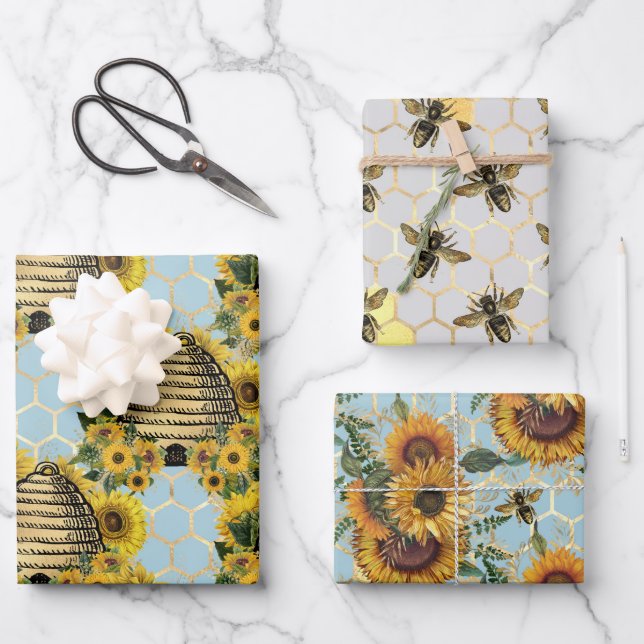 Sunflower and Bee Series Design Four Wrapping Paper Sheet (Front)