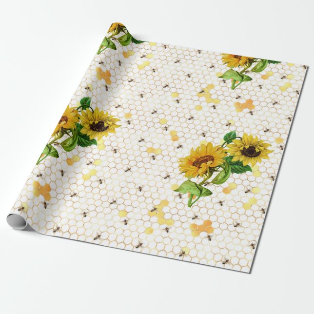 Sunflower and Bee Series Design Nine Wrapping Paper (Unrolled)