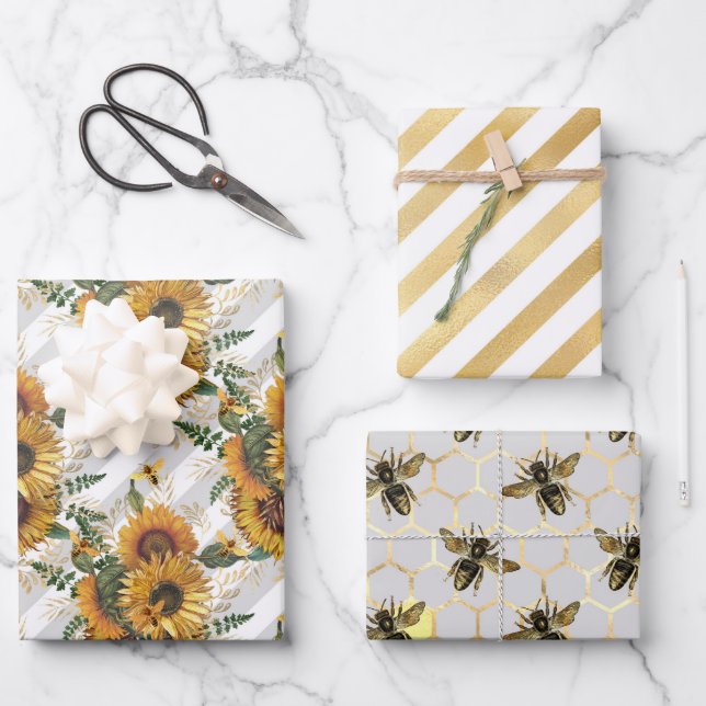 Sunflower and Bee Series Design Three Wrapping Paper Sheet (Front)