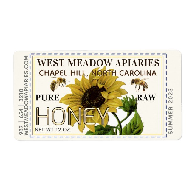 Sunflower and Bees Honey Label Dashed Border (Front)