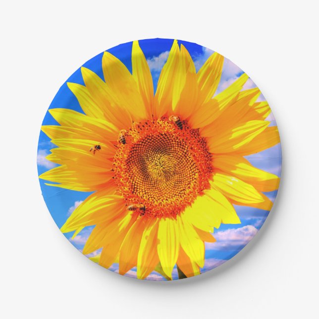 Sunflower and Bees on Blue Sky Paper Plates (Front)