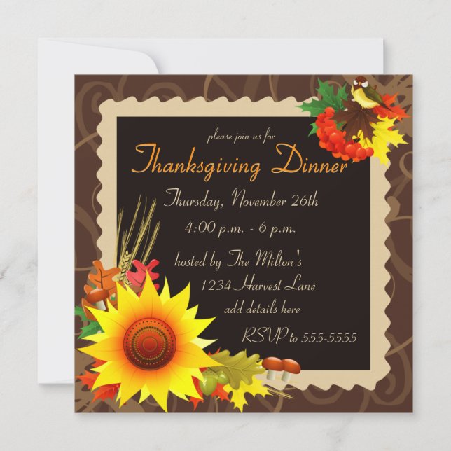Sunflower and Bird Brown Thanksgiving Invitation (Front)