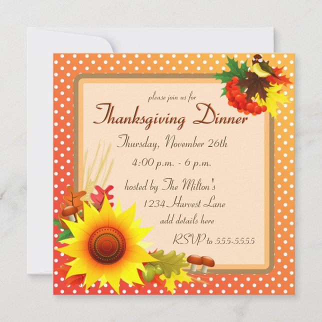 Sunflower and Bird Orange Thanksgiving Invitation (Front)