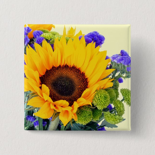 Sunflower and Blue Statice 15 Cm Square Badge (Front)