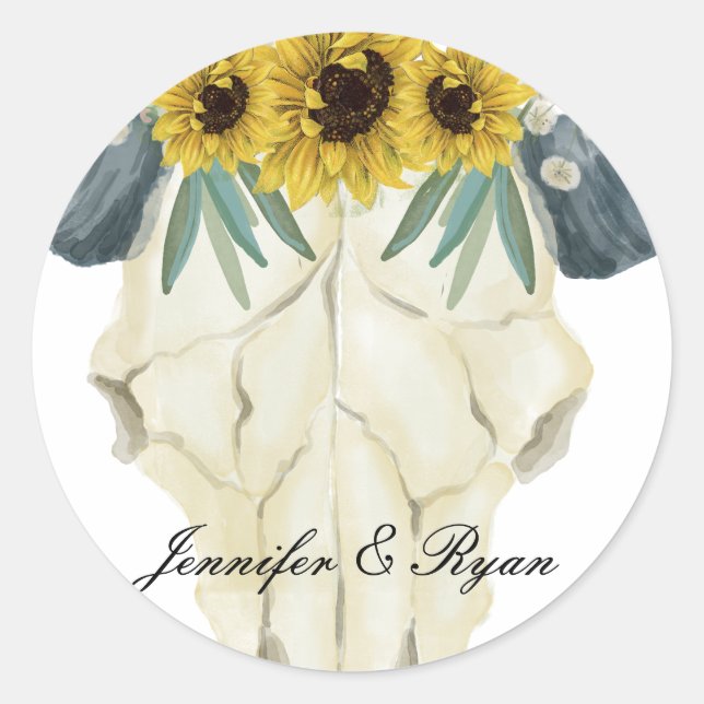 Sunflower and Bull Skull Wedding Sticker (Front)
