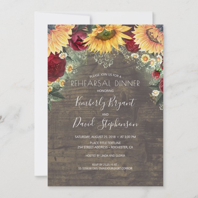 Sunflower and Burgundy Red Rose Rehearsal Dinner Invitation (Front)