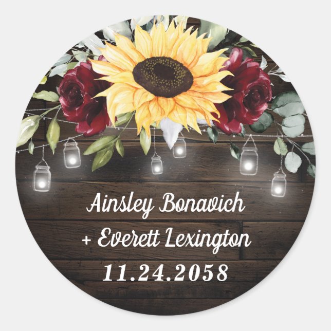 Sunflower and Burgundy Red Rose Rustic Wedding Classic Round Sticker (Front)