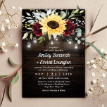 Sunflower and Burgundy Red Rose Rustic Wedding Invitation<br><div class="desc">Design features a barn wood grain background decorated with a floral element at the top that consists of watercolor garden eucalyptus,  greenery,  burgundy red roses and a sunflower.  Design also features twinkle string lights with country rustic lighted mason jars.  View the collection on this page to find matching products.</div>